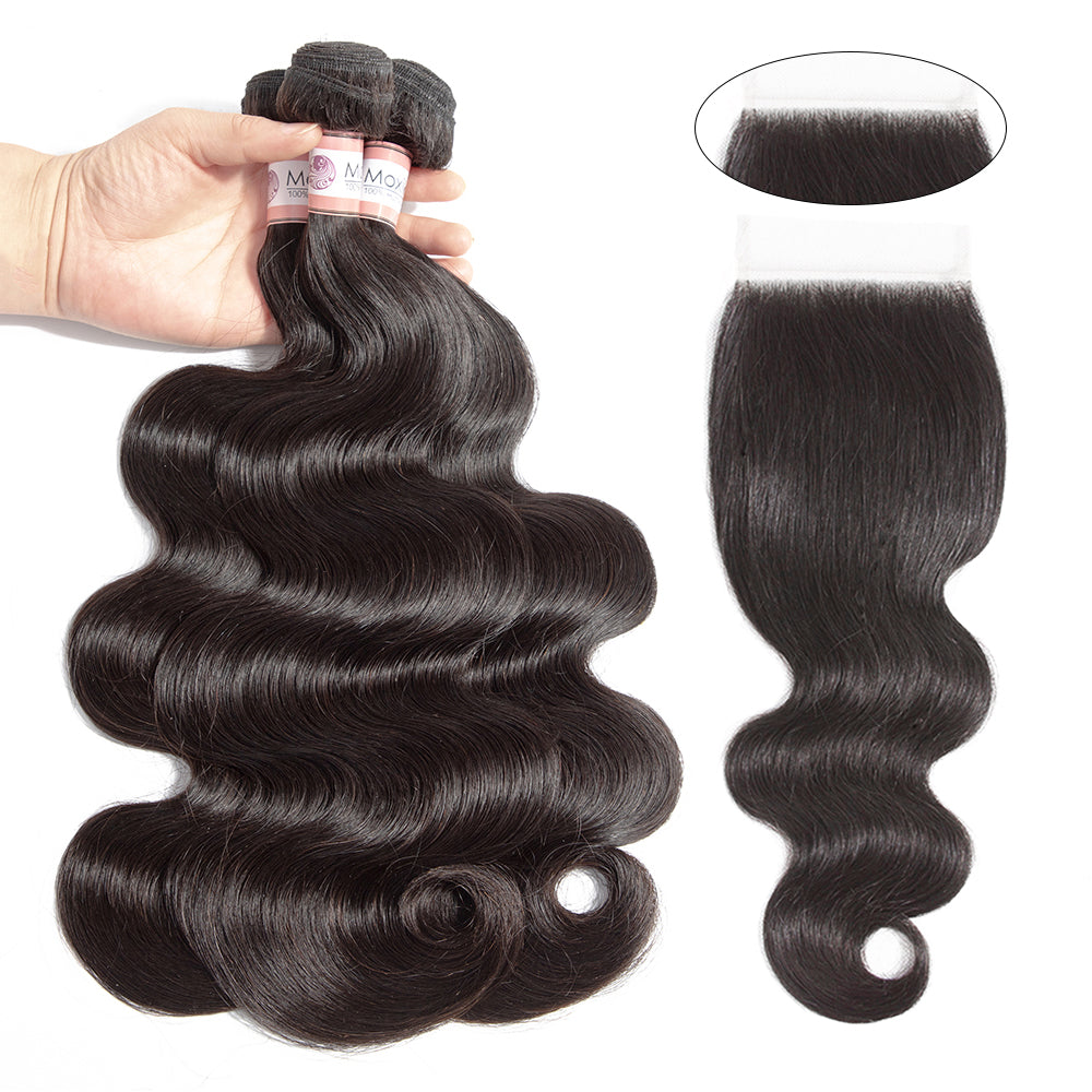 Amanda Hair Indian Body Wave 4 paquetes con 4 * 4 Cierre de encaje 10A Grado 100% cabello humano Remy