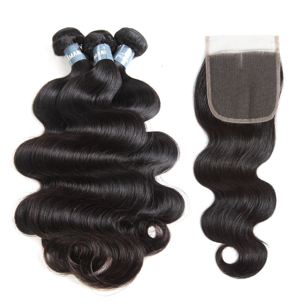Amanda Indian Hair Body Wave 3 paquetes con 4 * 4 Cierre de encaje 9A Grado 100% Cabello humano sin procesar 