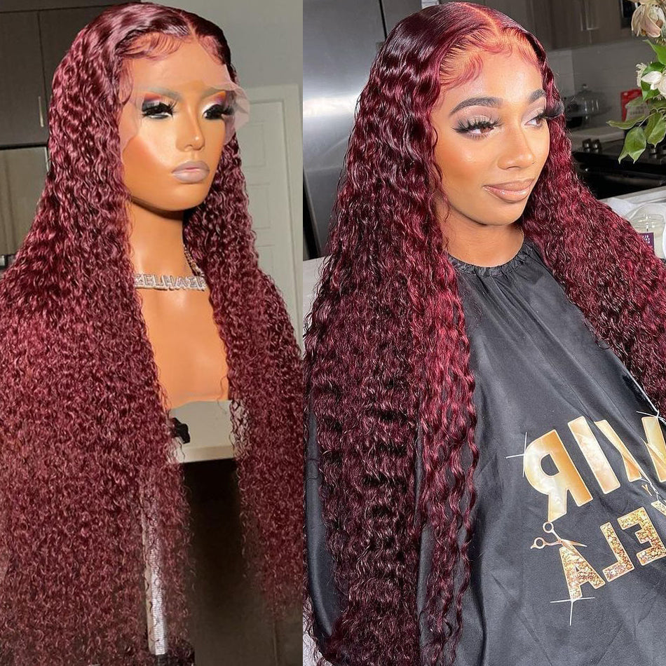 Burgundy Lace Front Wig 99J Curly Human Hair Wigs Colored HD Transparent 13X4 Lace Frontal Wig Preplucked Red Hair Wig-Amanda Hair