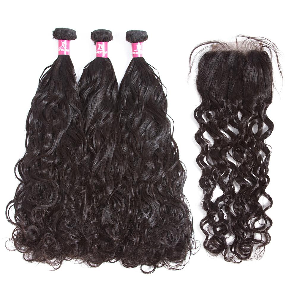 Amanda Mongolian Hair Water Wave 3 Bundles With 4*4 Lace Closure 10A Grade 100% Remi Human Hair Hot Sell Wave Bundles Hair Extensions