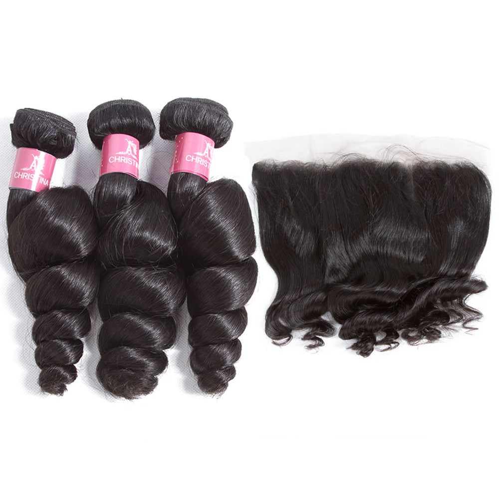 Amanda Malaysian Hair Loose Wave 3 paquetes con 13 * 4 Lace Frontal 10A Grade 100% Remi Human Hair