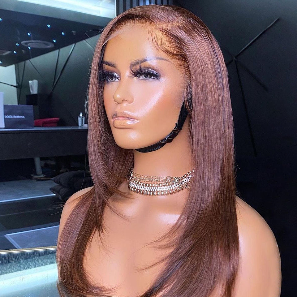 Brun rougeâtre droite 13x4 Lace Front Straight Butterfly Haircut # 33 Auburn Brown Wig Layered Hair 