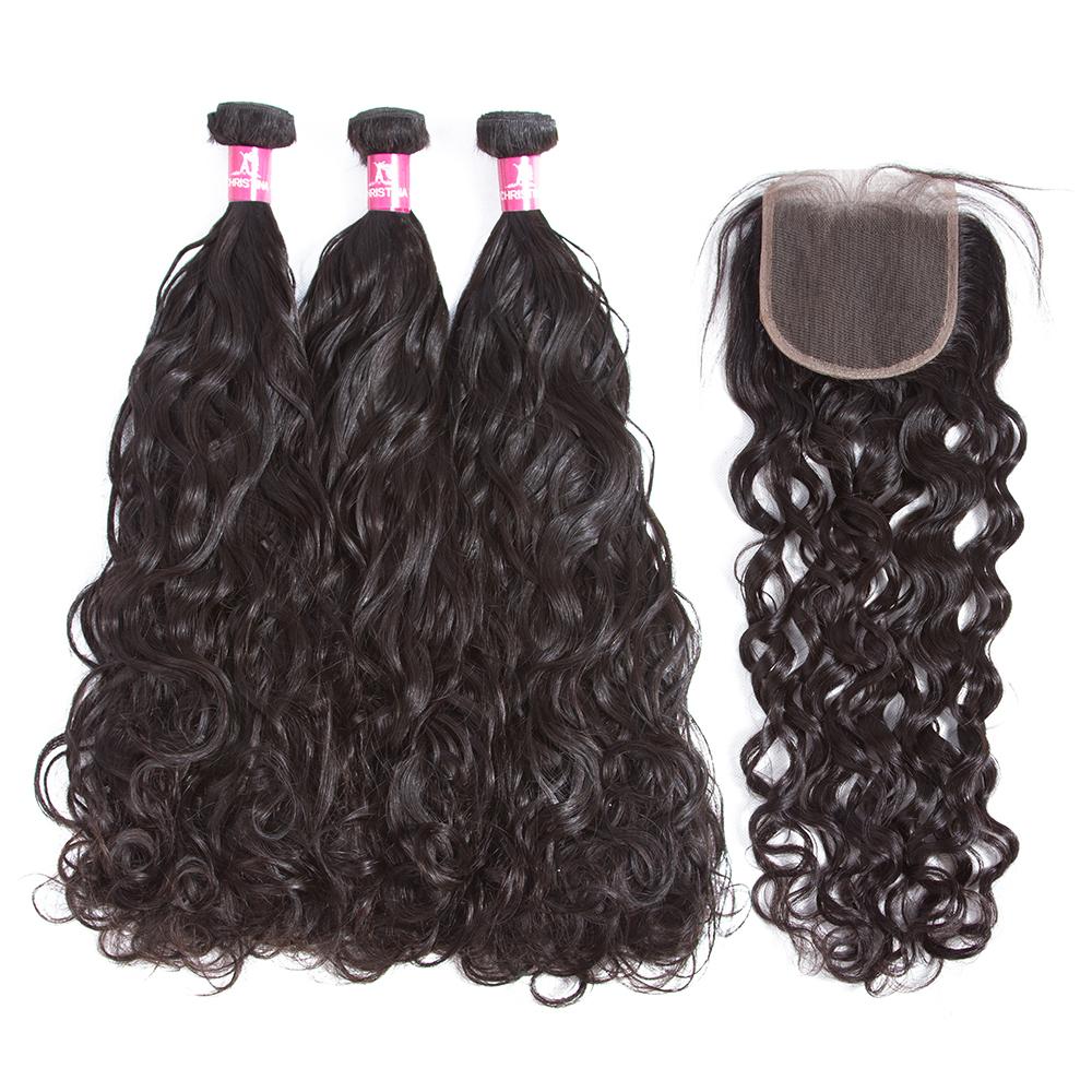 Amanda Malaysian Hair Water Wave 3 Bundles With 4*4 Lace Closure 10A Grade 100% Remi Human Hair Hot Sell Wave Bundles Hair Extensions