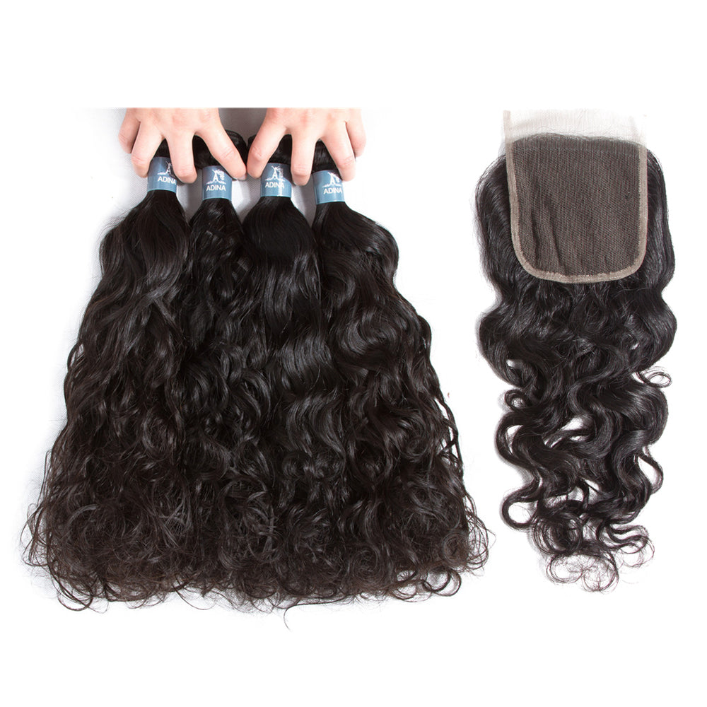 Amanda Mongolian Hair Water Wave 4 paquetes con 4 * 4 Cierre de encaje 9A Grado 100% Cabello humano sin procesar