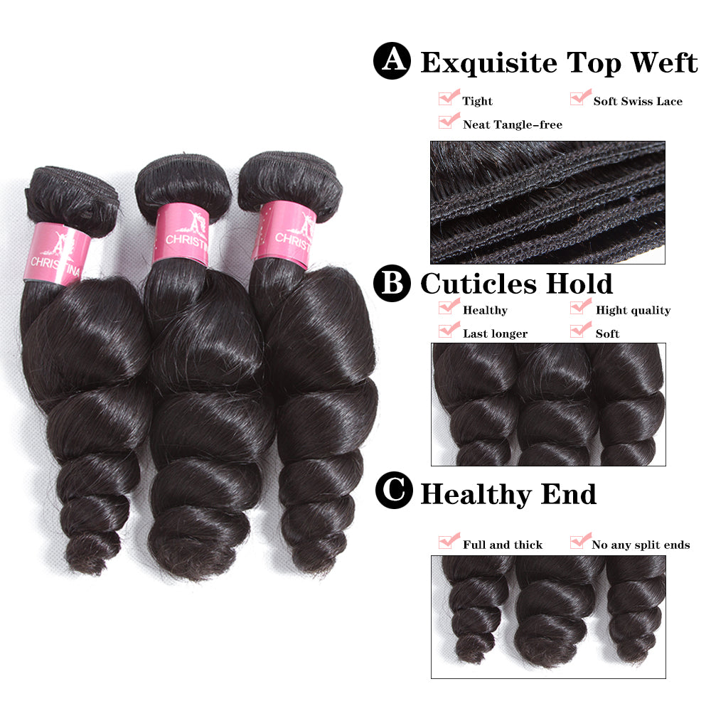 Amanda Malaysian Hair Loose Wave 4 paquetes con 13 * 4 Frontal de encaje 10A Grado 100% Remi Cabello humano Cabello suave y brillante