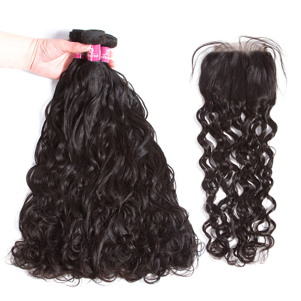 Amanda Mongolian Hair Water Wave 4 paquetes con 4 * 4 Cierre de encaje 10A Grado 100% Remi Cabello humano