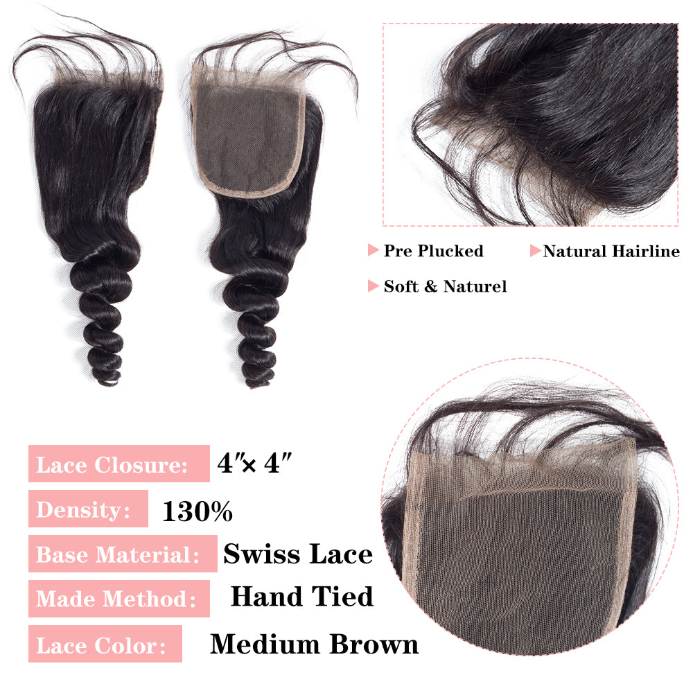 Vague lâche 3 faisceaux avec fermeture à lacet 4 * 4 10A Extensions de cheveux humains Remi brésiliens-Amanda Hair