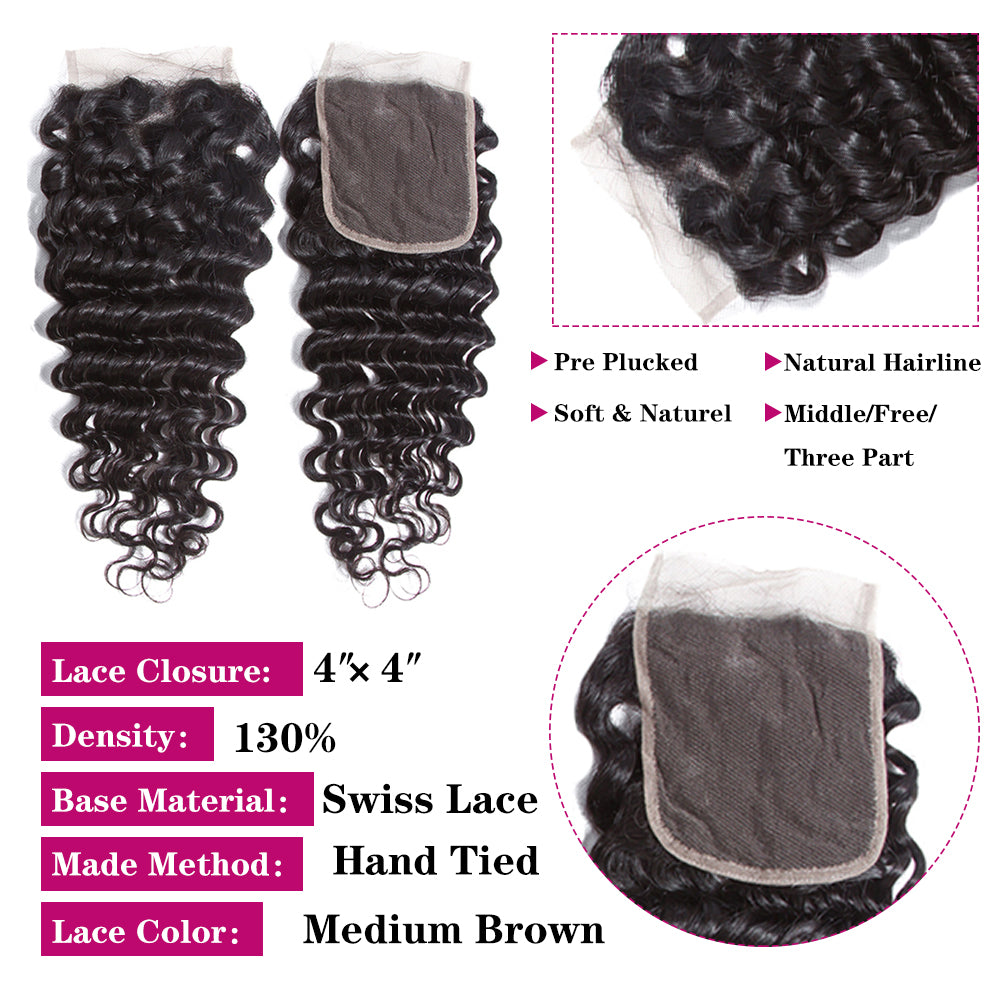Deep Wave 4 Bundles With 4*4 Lace Closure 9A Grade Brazilian Hair 100% Unprocessed Human Hair - Amanda Hair