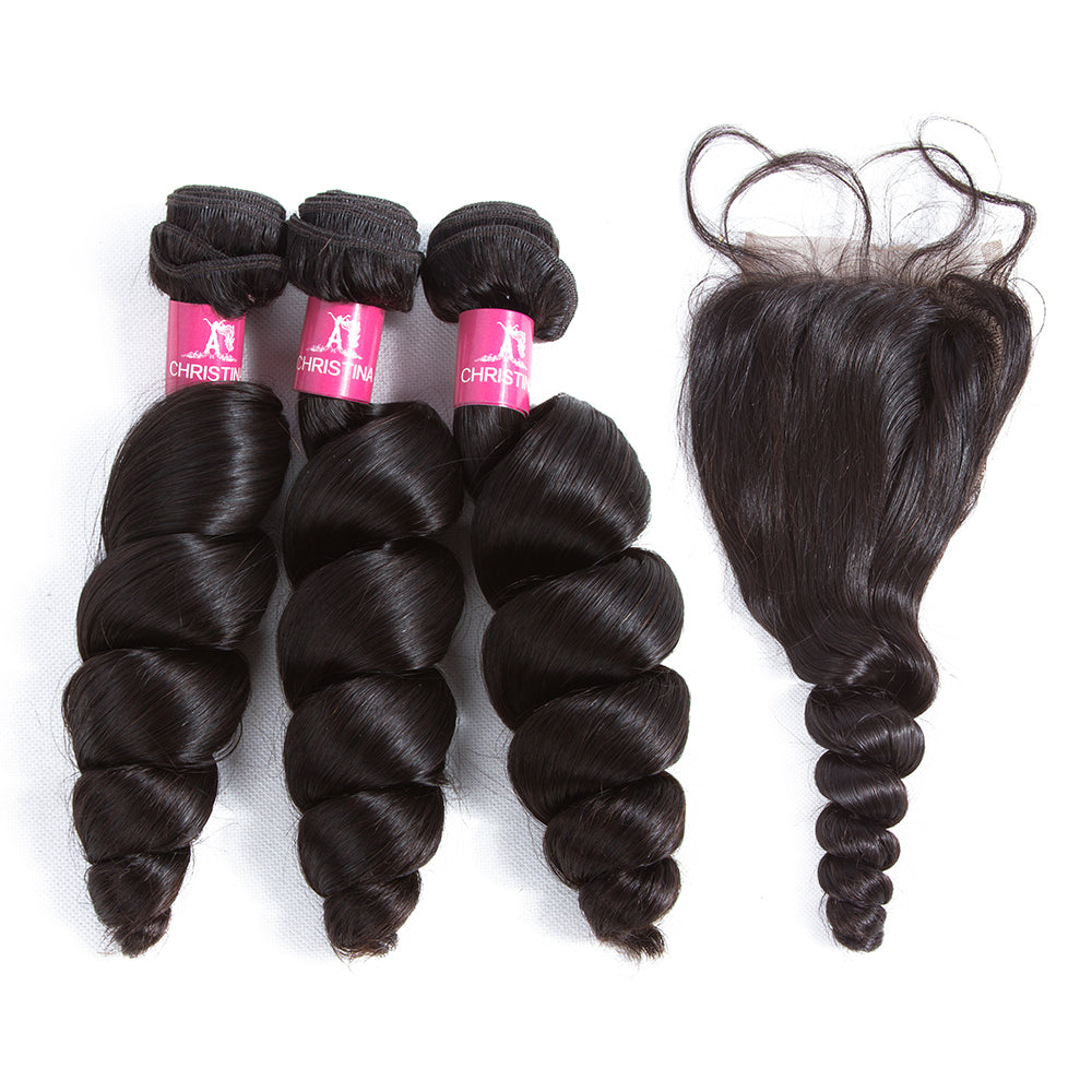Amanda Malaysian Hair Loose Wave 3 paquetes con 4 * 4 Cierre de encaje 10A Grado 100% Remi Cabello humano Venta caliente Wave Bundles Extensiones de cabello