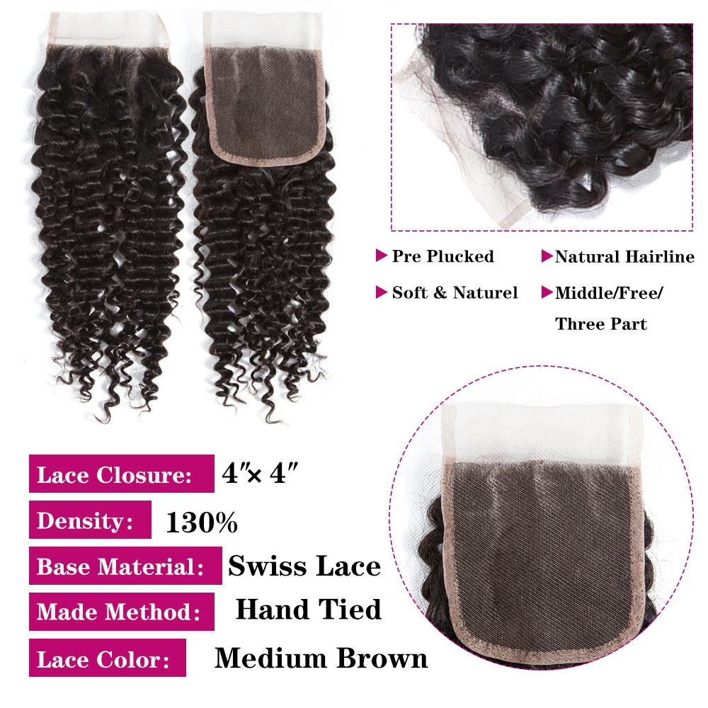 Amanda Indian Hair Kinky Curly 3 Bundles With 4*4 Lace Closure 10A Grade 100% Remi Human Hair Soft Shiny Wave Hair