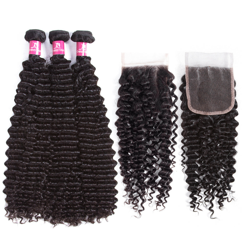 Amanda Peruvian Hair Kinky Curly 4 Bundles With 4*4 Lace Closure 10A Grade 100% Remi Human Hair Soft Shiny Wave Hair