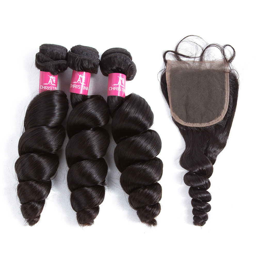 Amanda Malaysian Hair Loose Wave 3 paquetes con 4 * 4 Cierre de encaje 10A Grado 100% Remi Cabello humano Venta caliente Wave Bundles Extensiones de cabello