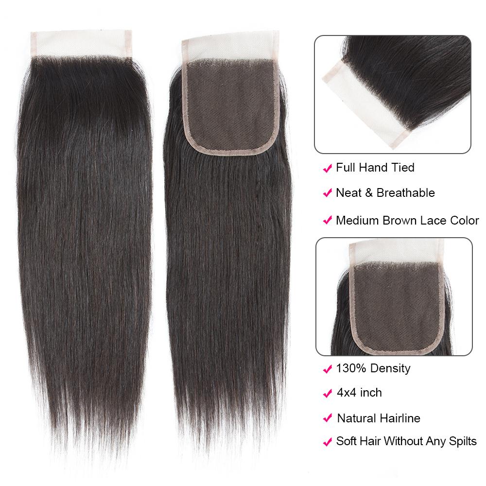 Brazilian Straight Hair 3 Bundles With 4*4 Lace Closure 9A Grade 100% Unprocessed Human Hair No Tangles - Amanda Hair