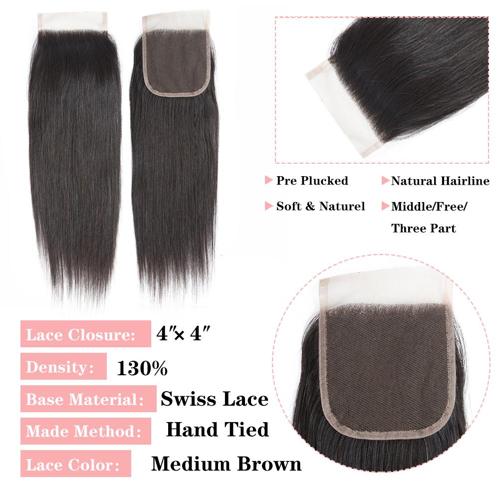 Amanda Indian Straight Hair 4 Bundles With 4*4 Lace Closure 10A Grade 100% Remy Human Hair