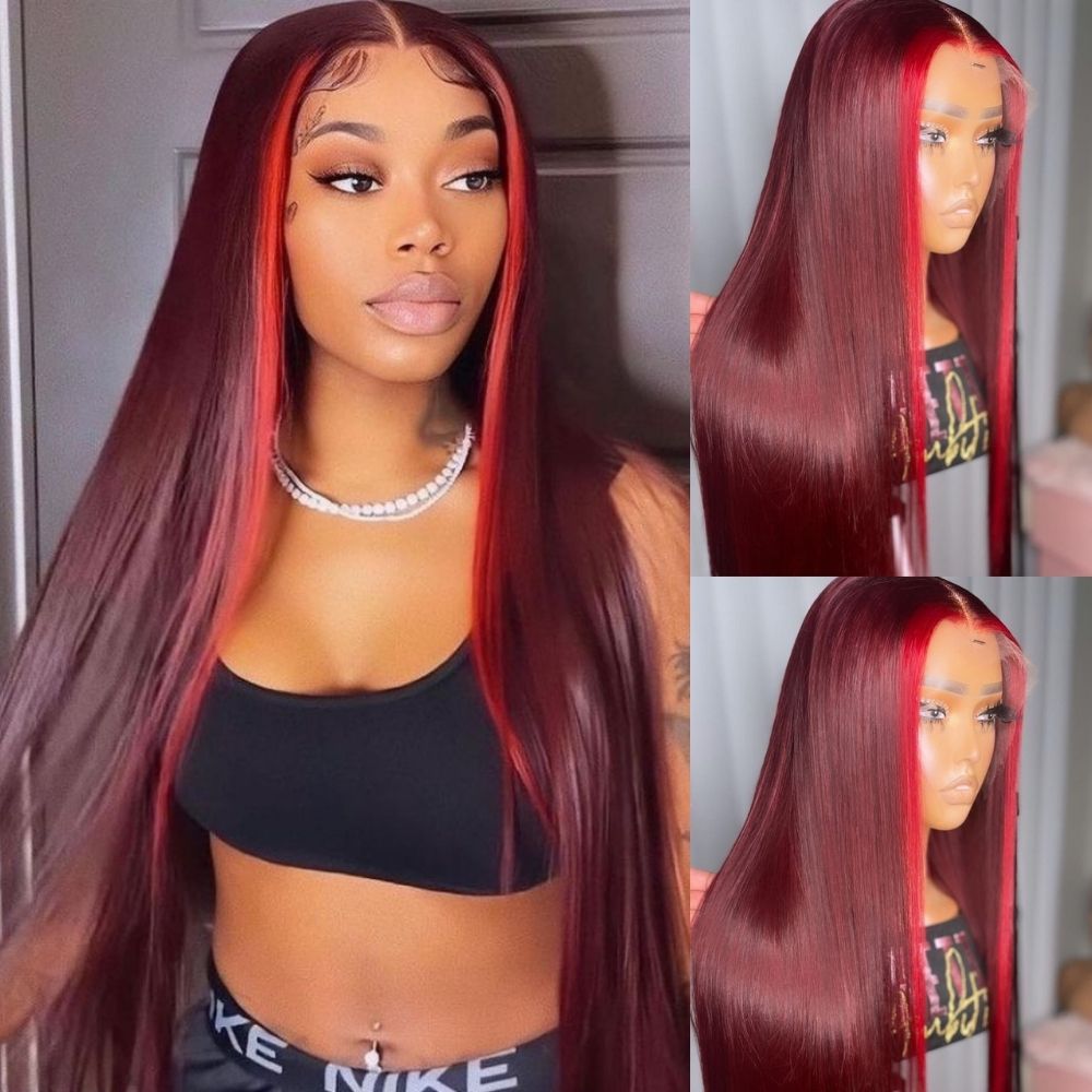 Highlights 99J Straight / Pink Lace Closure Human Hair Wigs  Ombre Burgundy Red Colored HD Transparent 4x4/13*4 Lace Front Wig With Baby Hair-Amanda Hair