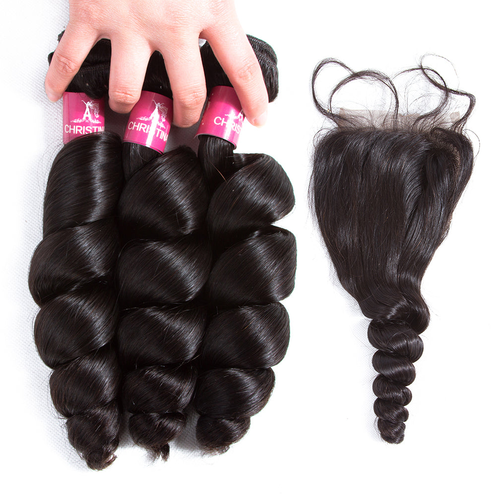 Amanda Mongolian Hair Loose Wave 4 paquetes con 4 * 4 Cierre de encaje 10A Grado 100% Remi Cabello humano