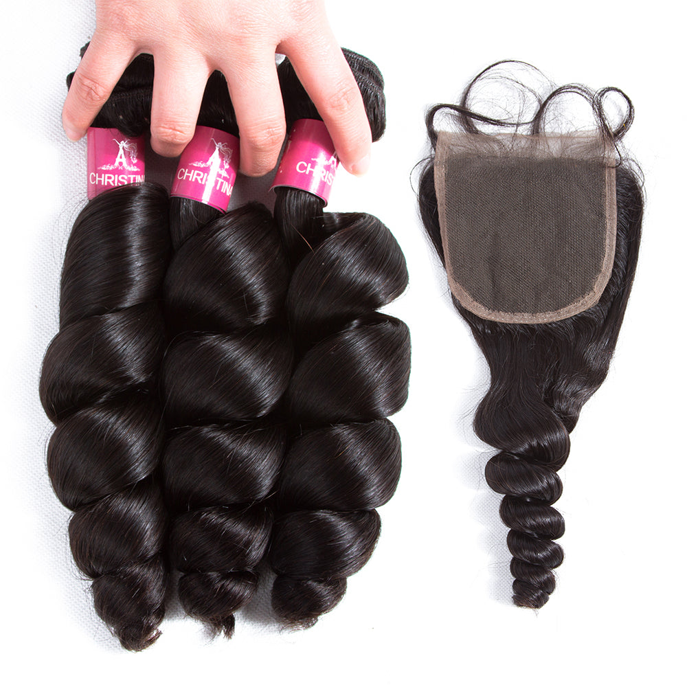 Amanda Malaysian Hair Loose Wave 4 paquetes con 4 * 4 Cierre de encaje 10A Grado 100% Remi Cabello humano