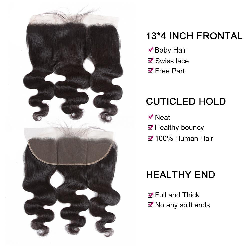 Body Wave 3 paquetes con tejido frontal 13*4 Color natural Indio 100% Remi Cabello humano Venta de cabello - Amanda Hair 