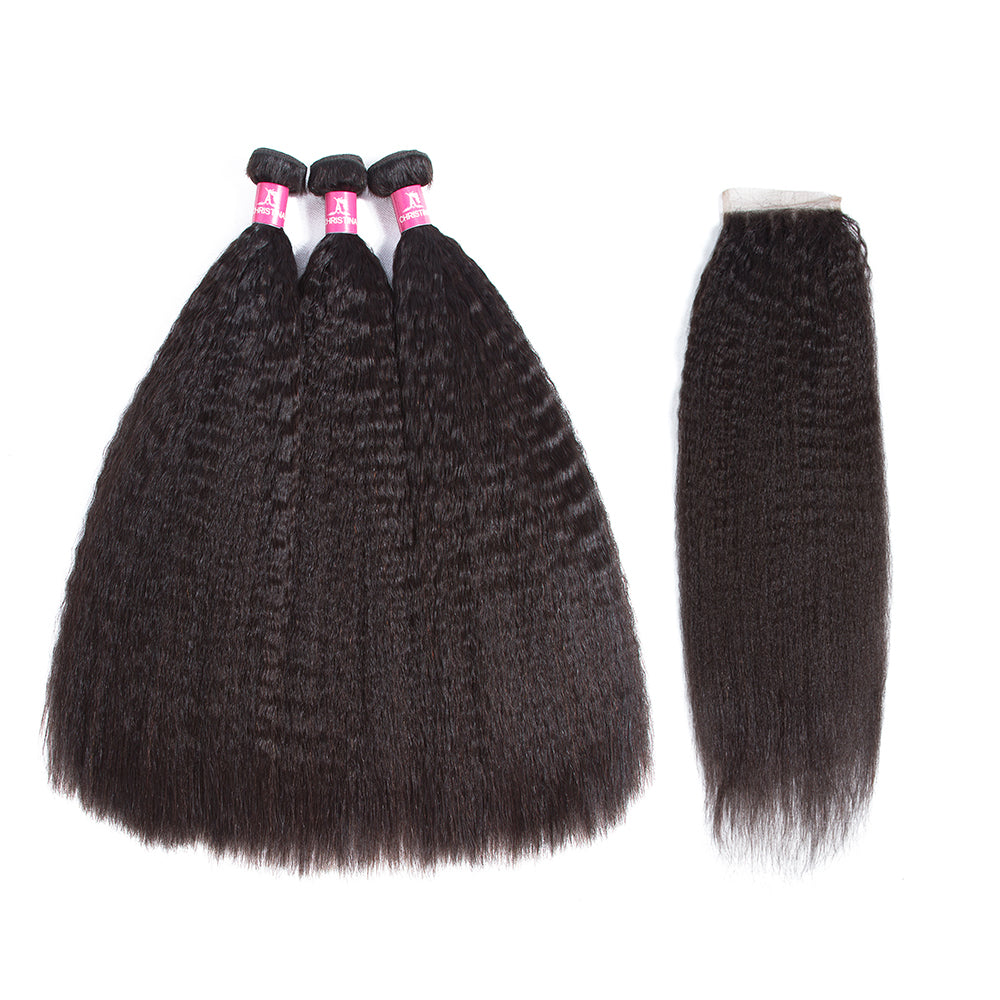 Amanda Peruvian Human Hair Kinky Straight 3 Bundles With 4*4 Lace Closure 10A Grade 100% Remy Human Hair
