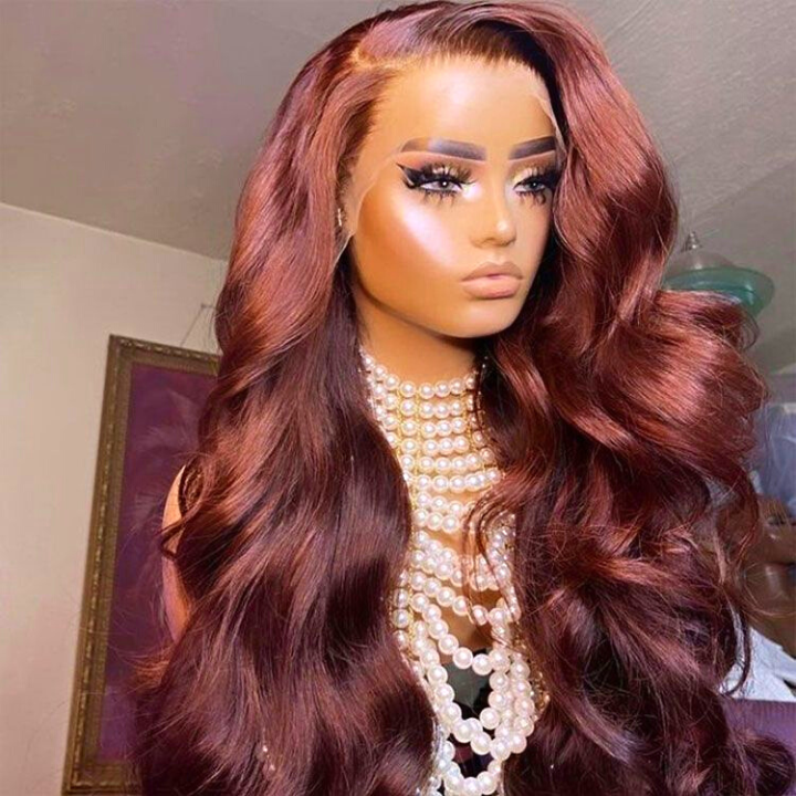 Reddish Brown Body Wave Transparent Lace Front Wigs Deep Hairline 100% Human Hair #33 Auburn Color Fall Wigs