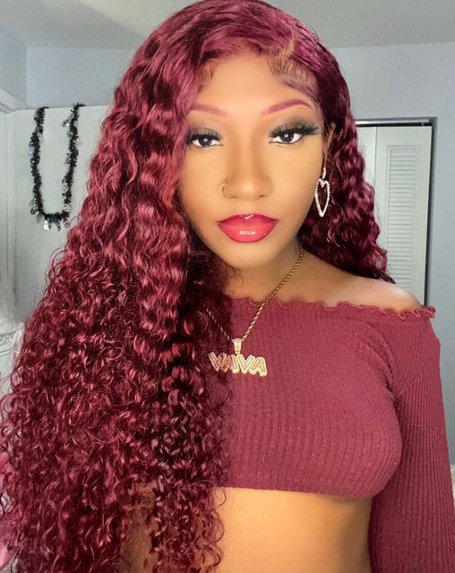 99J Curly Human Hair Wigs Burgundy Colored HD Transparent 13X4 Lace Frontal Preplucked Red Wine Hair Wig-Amanda Hair
