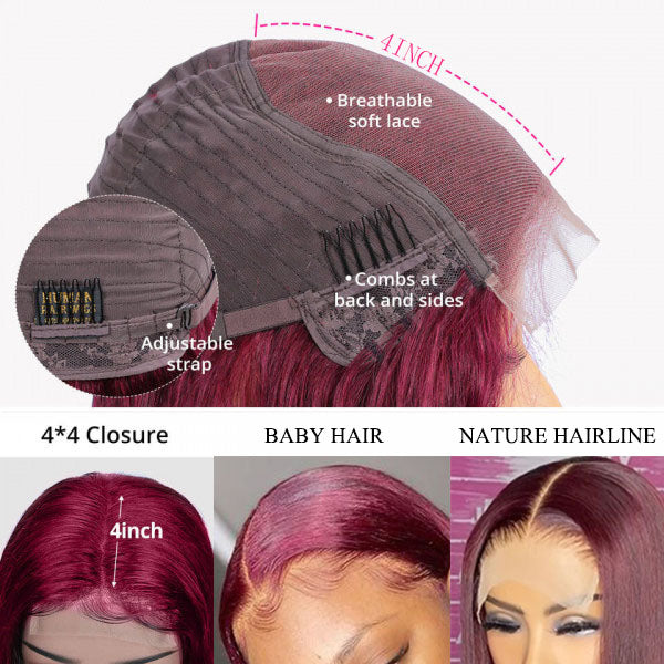 Burgundy Red Colored HD Transparent 4x4 Lace Front Wig With Baby Hair