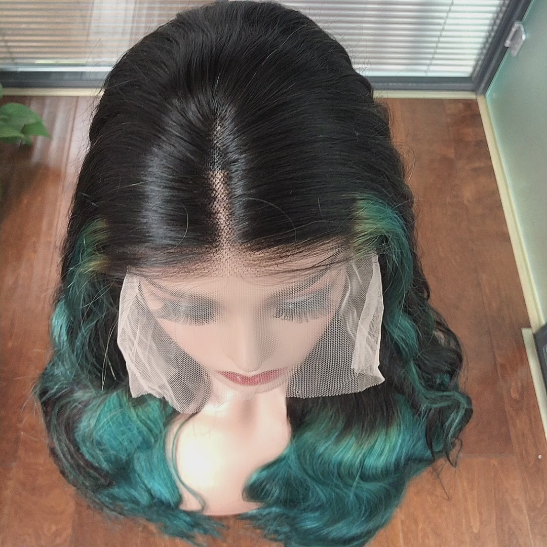 Highlight Turquoise Green Body Wave 13x4 Lace Front /4*4 Lace Closure Wigs Skunk Stripe Ombre Color Lace Wigs- Amanda Hair