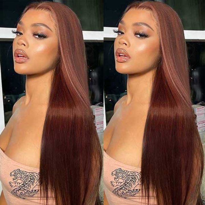 Reddish Brown Transparent Lace Front Straight Wigs Deep Hairline 100% Human Hair Auburn Color Fall Wigs