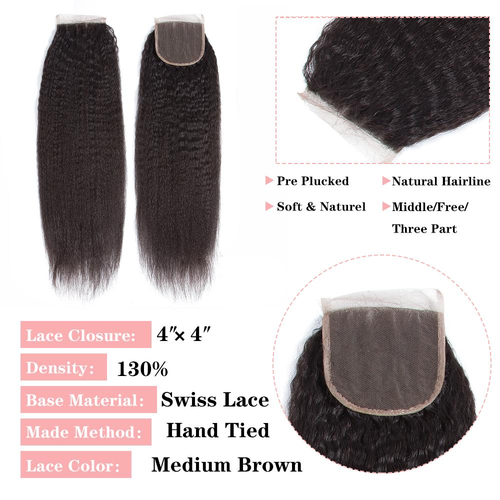 Amanda Indian Hair Kinky Straight 3 paquetes con 4 * 4 Cierre de encaje 9A Grado 100% Cabello humano sin procesar Artículo caliente