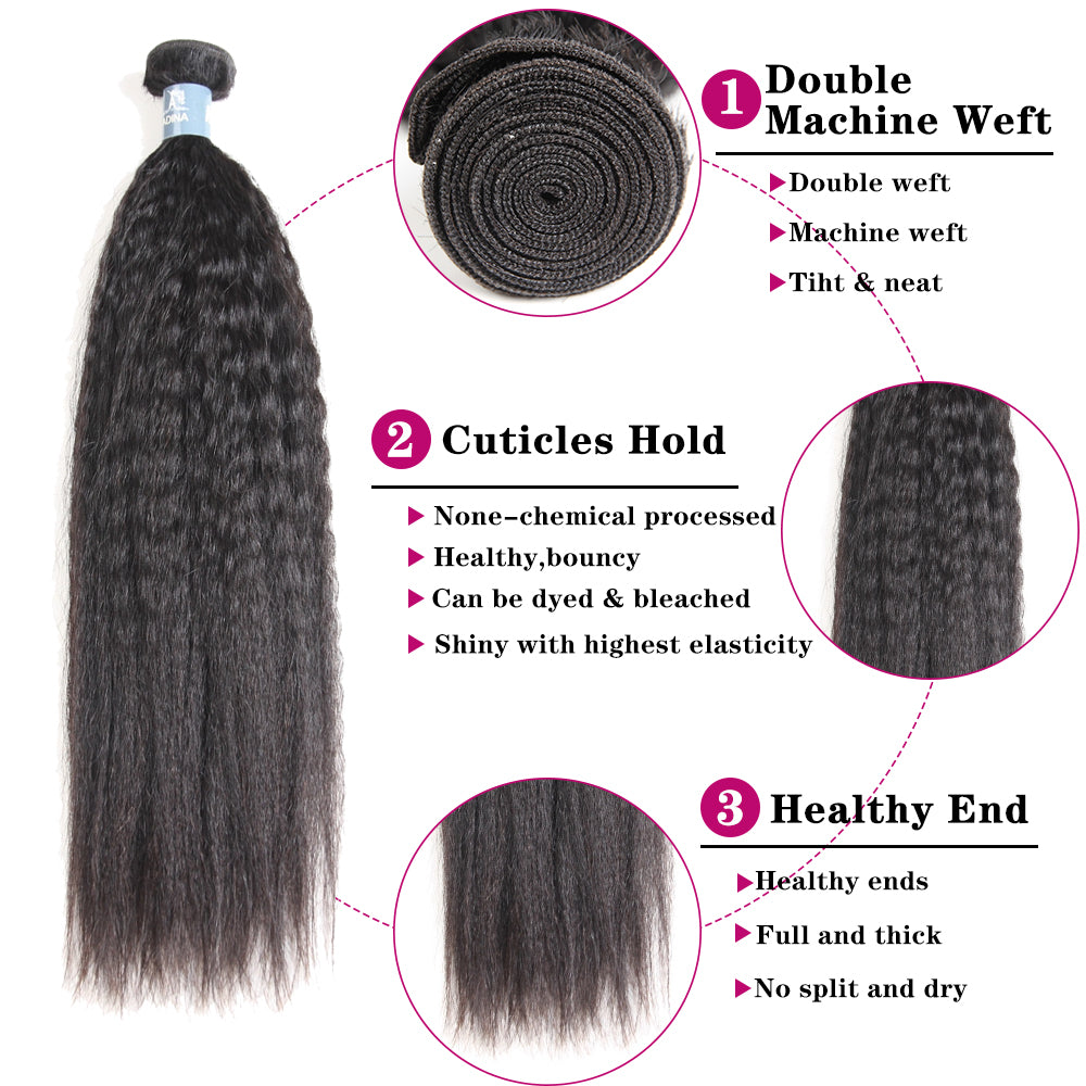 Amanda Malaysian Hair Kinky Straight 4 paquetes con 13 * 4 Frontal de encaje 9A Grado 100% Cabello humano sin procesar