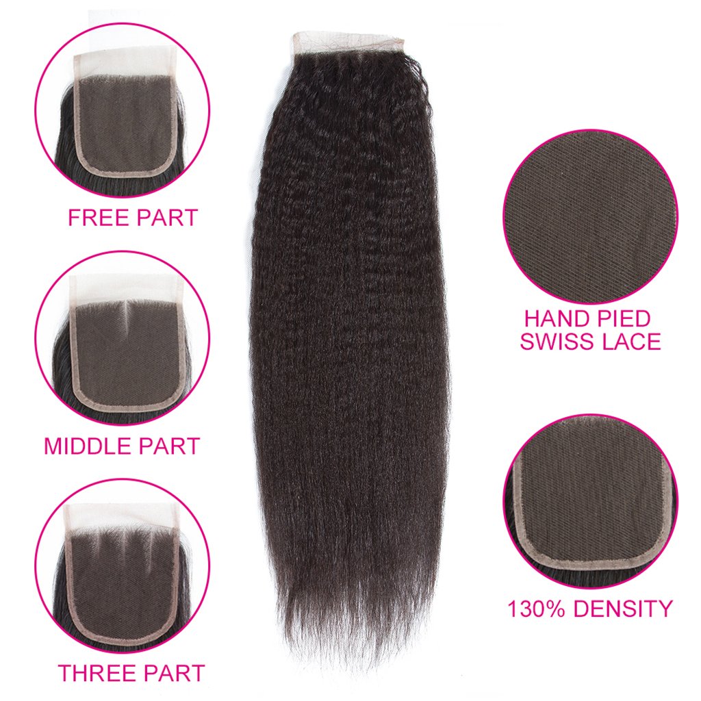 Brésilien Kinky Straight 3 Bundles Avec 4 * 4 Lace Closure 10A Grade 100% Remi Human Hair - Amanda Hair
