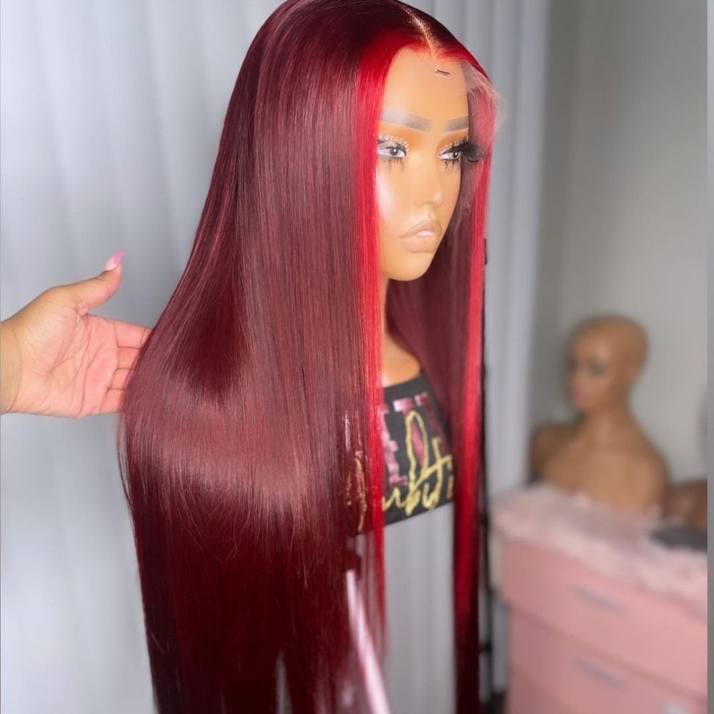 Faits saillants 99J Droite / Rose Lace Closure Perruques de cheveux humains Ombre Bourgogne Rouge Coloré HD Transparent 4x4 / 13 * 4 Lace Front Wig Avec Baby Hair-Amanda Hair