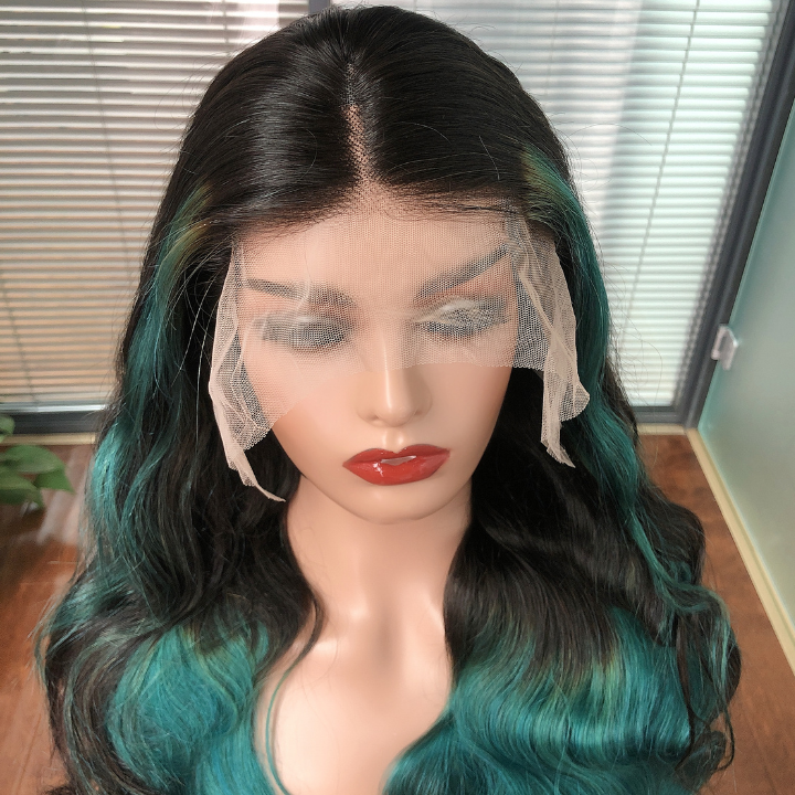 Highlight Turquoise Green Body Wave 13x4 Lace Front /4*4 Lace Closure Wigs Skunk Stripe Ombre Color Lace Wigs- Amanda Hair