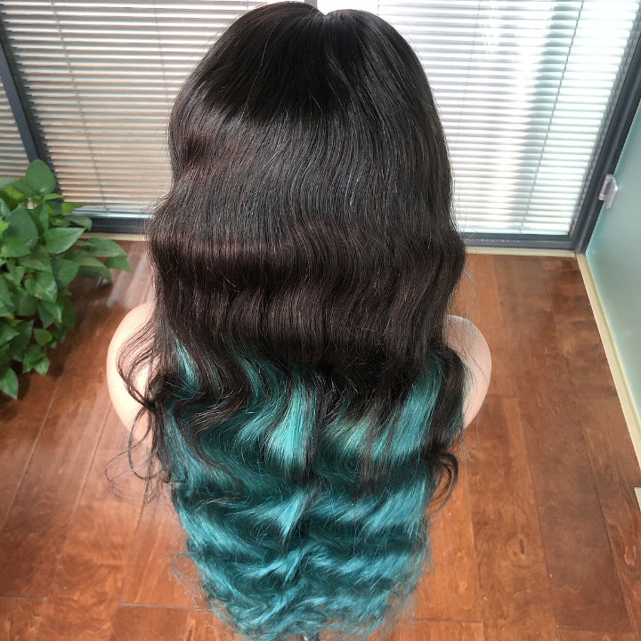 Resaltar verde turquesa onda del cuerpo 13x4 encaje frontal/4*4 pelucas con cierre de encaje Skunk Stripe Color degradado pelucas de encaje- Amanda Hair