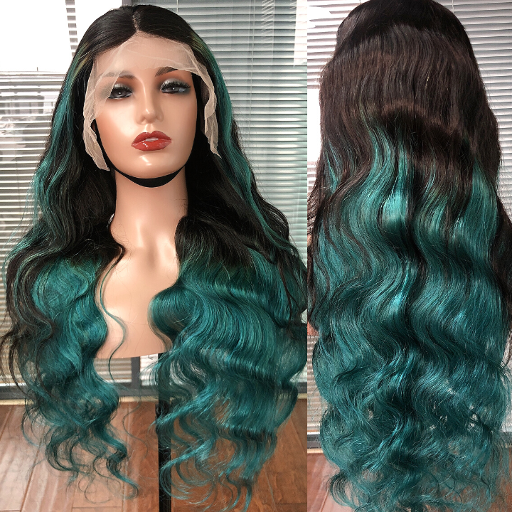 Resaltar verde turquesa onda del cuerpo 13x4 encaje frontal/4*4 pelucas con cierre de encaje Skunk Stripe Color degradado pelucas de encaje- Amanda Hair
