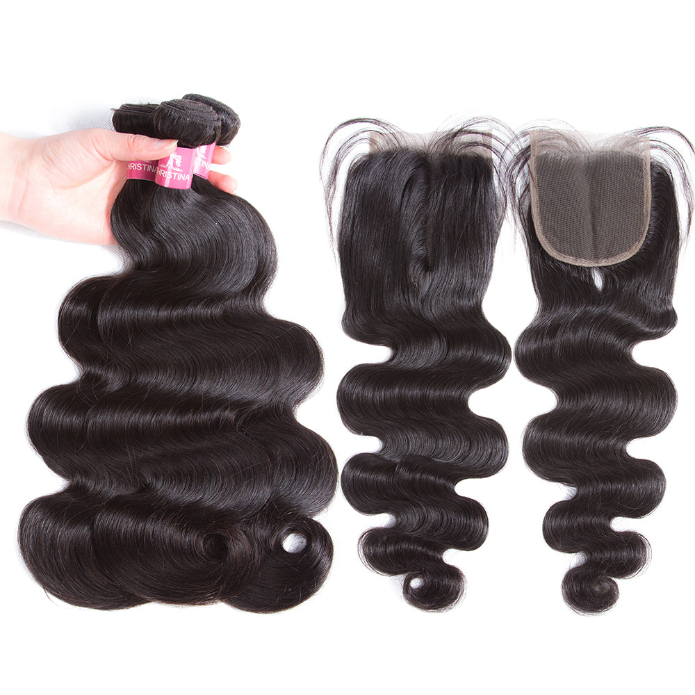 Amanda Malaysian Hair Body Wave 3 paquetes con 4 * 4 Cierre de encaje 10A Grado 100% Remi Cabello humano 