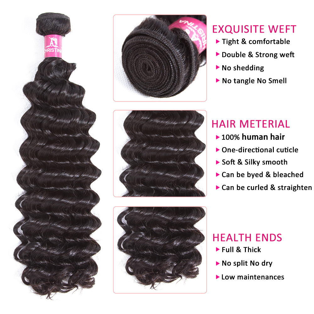 Deep Wave 4 Bundles With 13*4 Lace Frontal Brazilian Hair 10A Grade 100% Remi Human Hair Soft Shiny Wave Hair - Amanda Hair