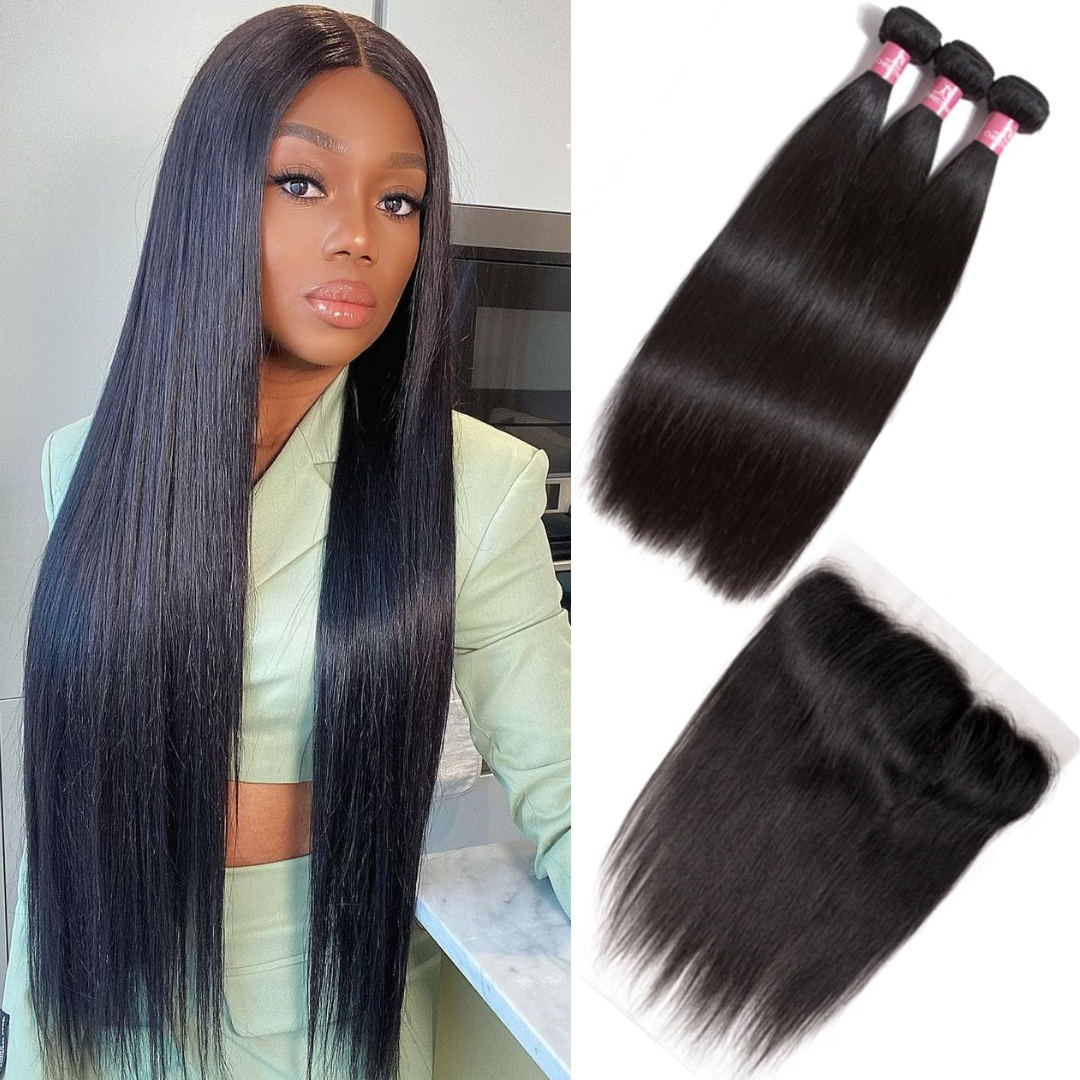 Amanda Mongolian Straight Hair 3 Bundles With 13*4 Lace Frontal 10A Grade 100% Remy Human Hair
