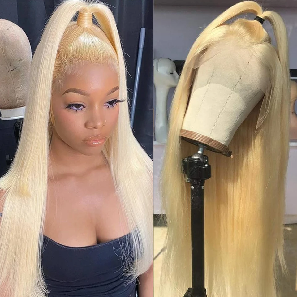 #613 Blonde Color straight T Part Glueless Lace Frontal Human Hair Wig 180% Density Lace Part Wigs - Amanda Hair