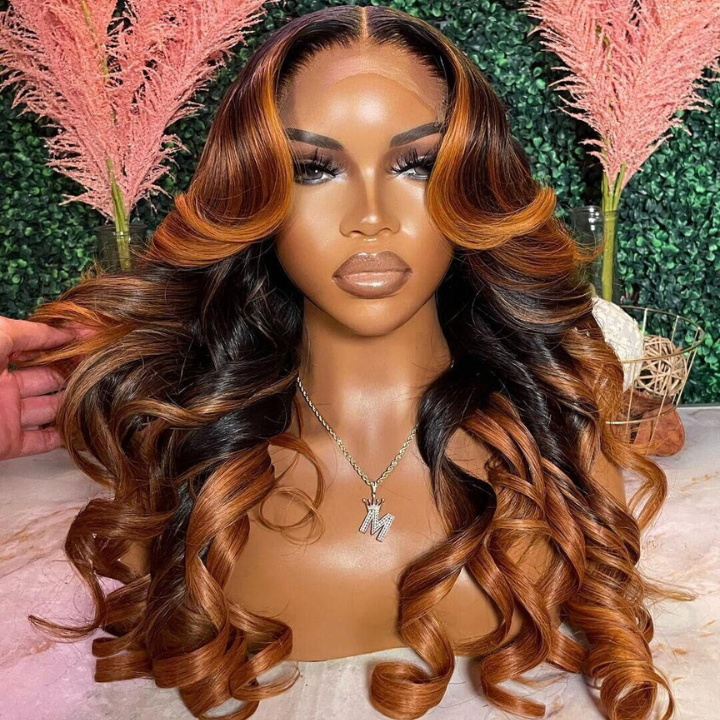 Highlight Golden Brown Body Wave 13x4 Lace Front /4*4 Lace Closure Wigs Skunk Stripe Ombre Color Lace Wigs- Amanda Hair