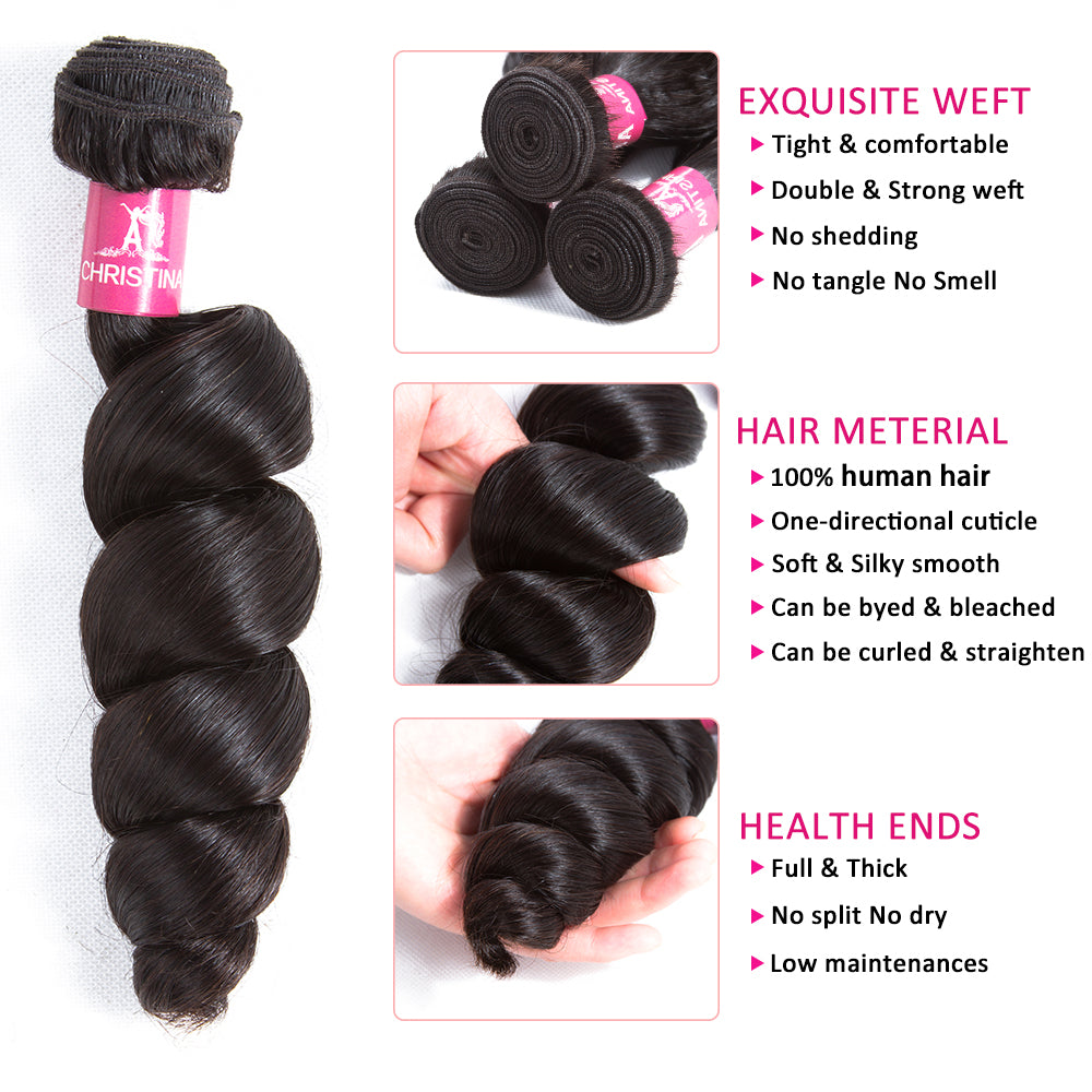 Vague lâche 3 faisceaux avec fermeture à lacet 4 * 4 10A Extensions de cheveux humains Remi brésiliens-Amanda Hair