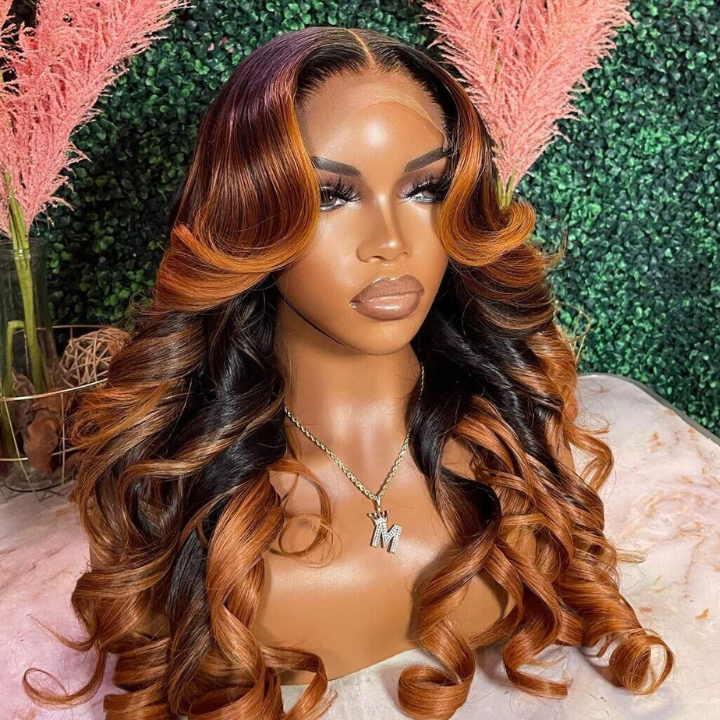 Highlight Golden Brown Body Wave 13x4 Lace Front /4*4 Lace Closure Wigs Skunk Stripe Ombre Color Lace Wigs- Amanda Hair