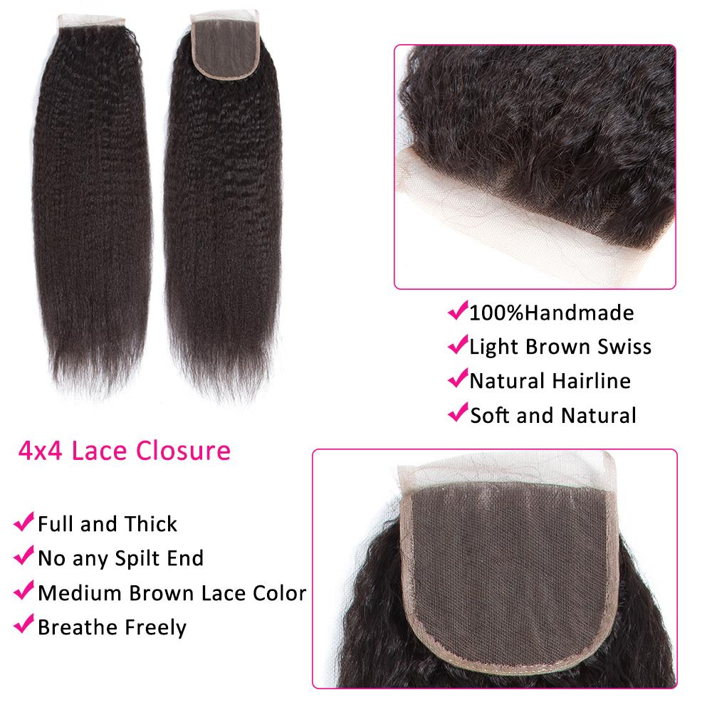 Amanda Indian Human Hair Kinky Straight 4 Bundles With 4*4 Lace Closure 10A Grade 100% Remi Human Hair