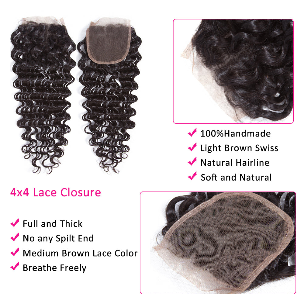 Amanda Indian Hair Deep Wave 3 Bundles With 4*4 Lace Closure 10A Grade 100% Remi Human Hair Hot Sell Wave Bundles Hair Extensions