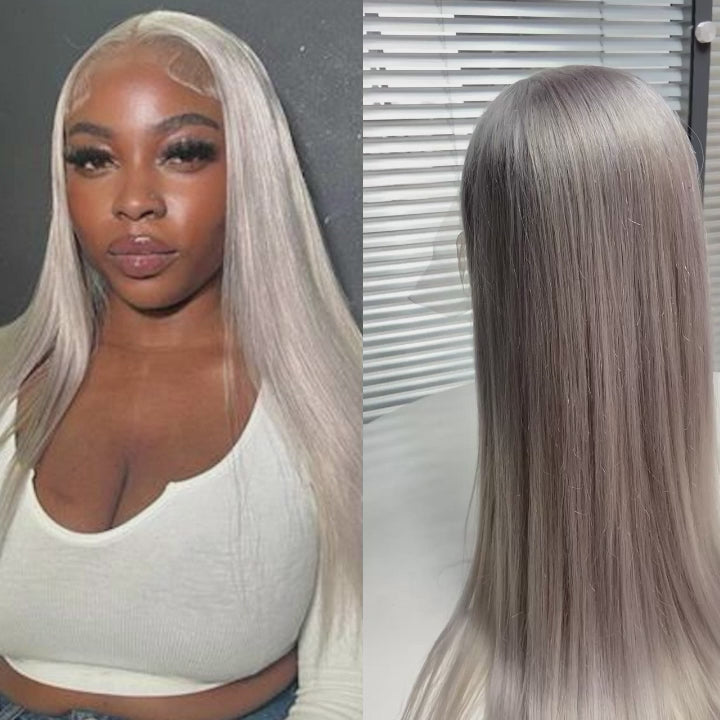 Ash Grey Straight 4x4/5x5/13x4 Lace Closure/Frontal Transaparent HD Lace Silver Wigs Pre-plumed with Baby Hair