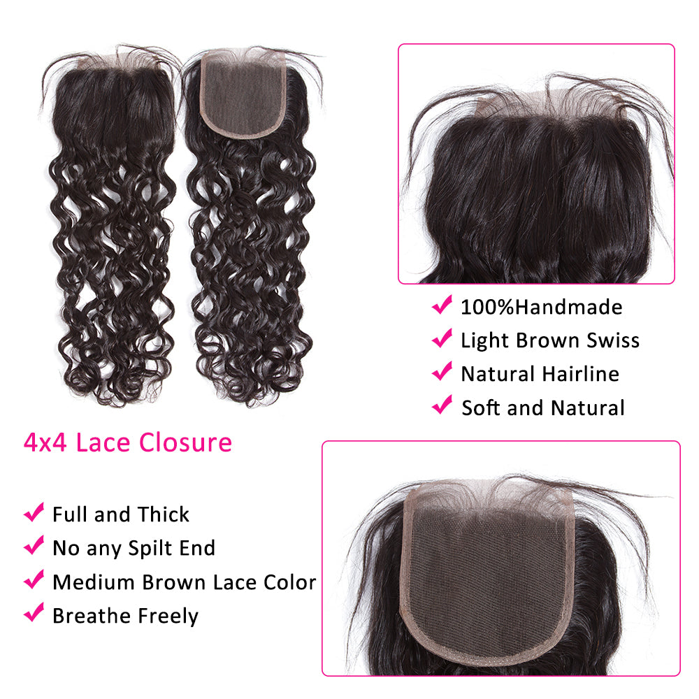 Amanda Indian Hair Water Wave 4 paquetes con 4 * 4 Cierre de encaje 10A Grado 100% Remi Cabello humano