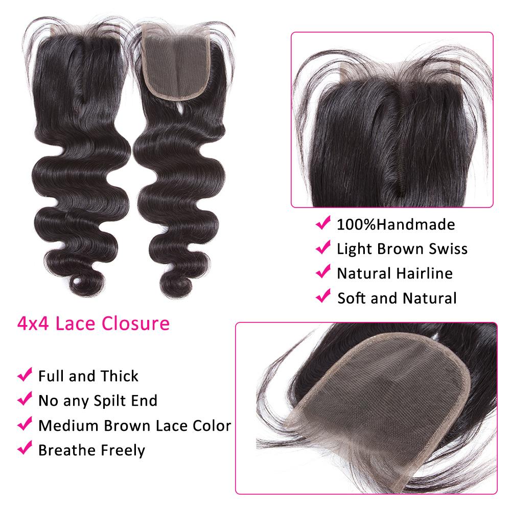 Amanda Indian Hair Body Wave 3 paquetes con 4 * 4 Cierre de encaje 10A Grado 100% Remi Cabello humano 