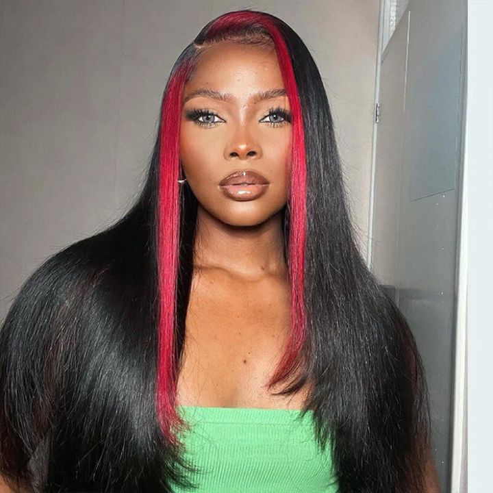 Highlights Red& Black Skunk Stripe  Straight Lace Closure Human Hair Wigs Colored HD Transparent 13*4/4x4 Lace Front Wig With Baby Hair-Amanda Hair