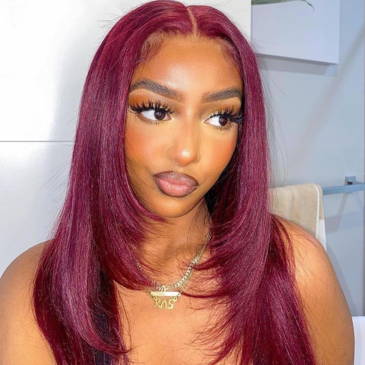 Burgundy Straight 13x4 Lace Front  Layered  Wig Butterfly Haircut #99J Color Wig