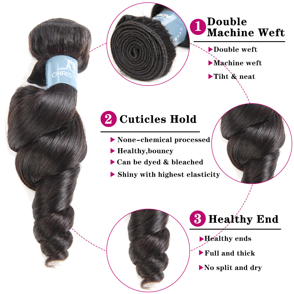 Amanda Malaysian Hair Loose Wave 3 paquetes con 4 * 4 Cierre de encaje 9A Grado 100% Cabello humano sin procesar